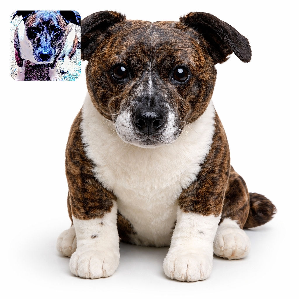 A hilariously intense close-up of a brindle dog giving the camera a soulful, 'where's my treat?' stare — the photo has been heavily filtered so the nose shines like a tiny black jewel and the carpet looks suspiciously cinematic.