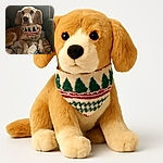 A cozy dog wearing a festive bandana with Christmas tree patterns lounges comfortably on a pile of blankets in a soft armchair, looking calm and slightly curious.