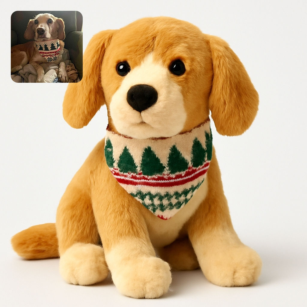 A cozy dog wearing a festive bandana with Christmas tree patterns lounges comfortably on a pile of blankets in a soft armchair, looking calm and slightly curious.
