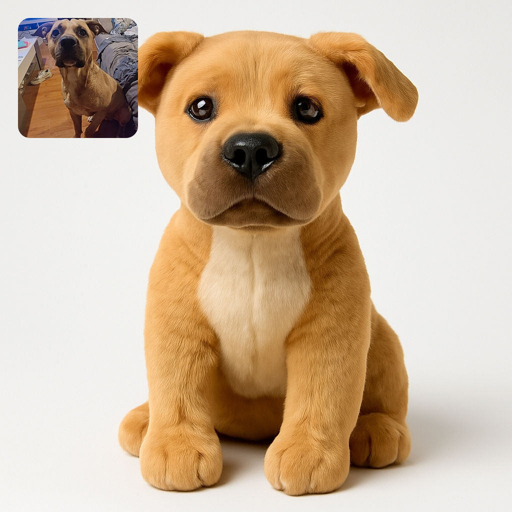 A curious dog with a slightly tilted head and soulful eyes sits indoors on a wooden floor, surrounded by a cozy, somewhat messy room with a bed, blankets, a sneaker, and a TV playing in the background.