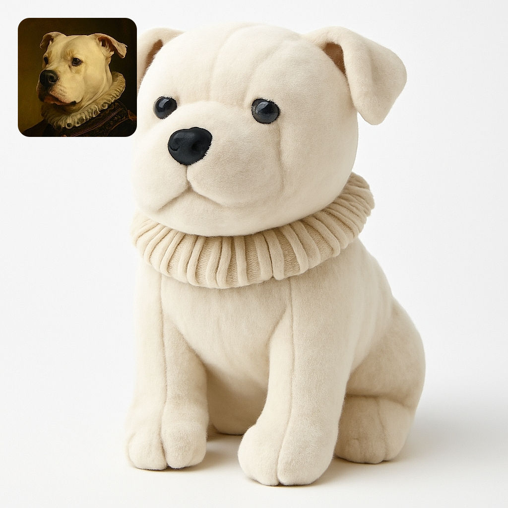 A regal-looking dog dressed in a vintage ruffled collar and ornate garment, posed like a noble from a classical painting, with soft lighting and a dark, moody background enhancing the majestic vibe.