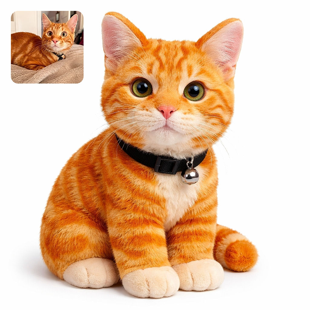 A wide-eyed orange tabby stares straight at the camera like it just discovered a new species of toy — curled on a plush blanket with its collar and whiskers on full display, bedroom background softly out of focus.