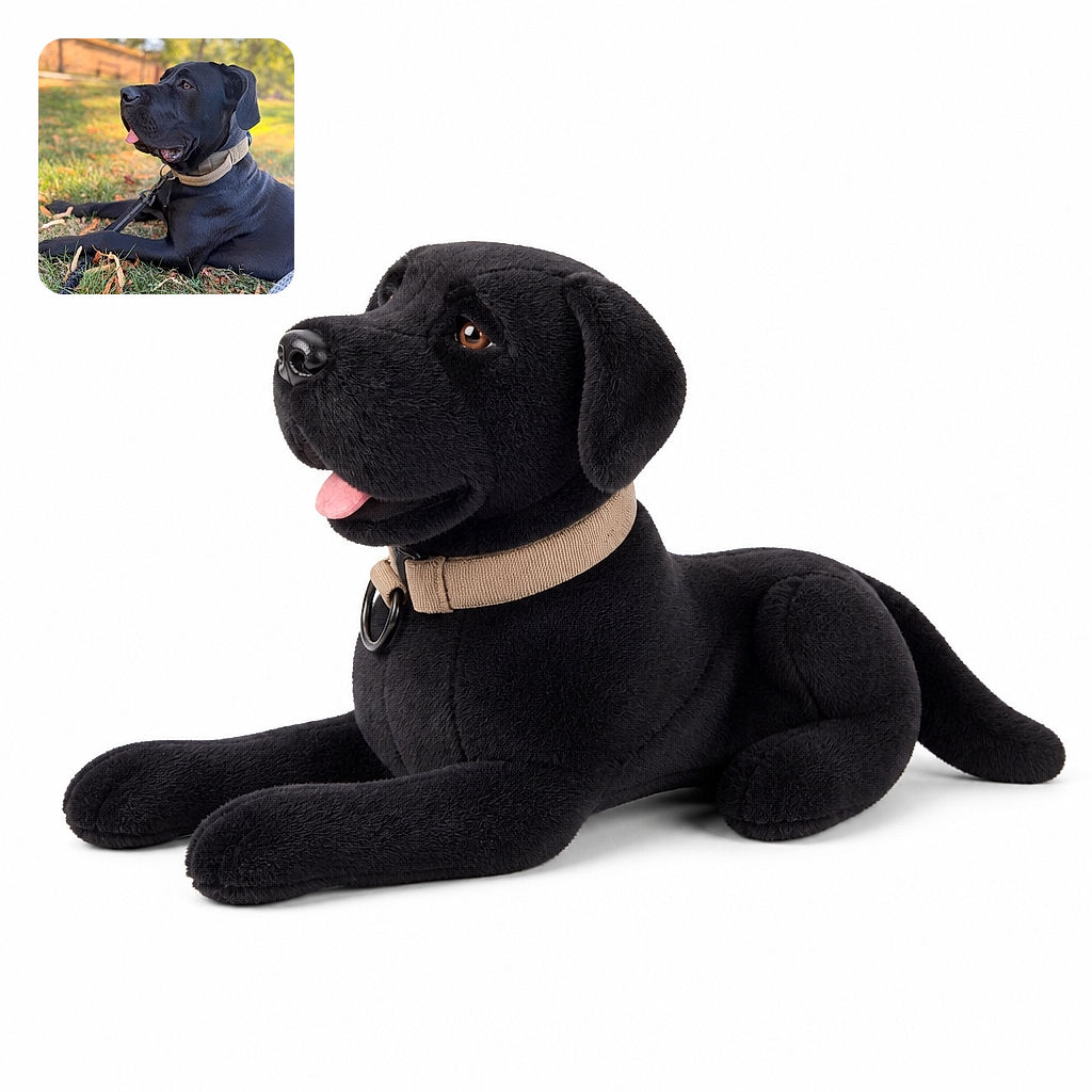A handsome black dog lounges in the grass like a fully licensed park supervisor, tongue peeking out while autumn leaves, a leash, and a softly blurred brick-wall background complete the portrait.