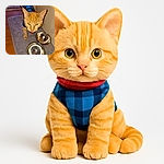 A curious orange tabby cat wearing a blue and black checkered shirt stands on a gray mat near two shiny empty metal bowls, looking up with bright green eyes that reflect the camera flash.