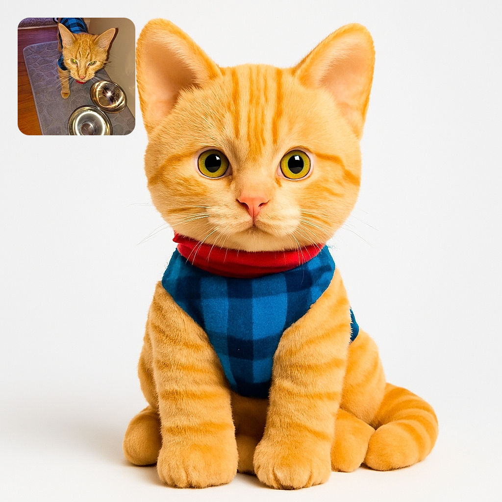 A curious orange tabby cat wearing a blue and black checkered shirt stands on a gray mat near two shiny empty metal bowls, looking up with bright green eyes that reflect the camera flash.
