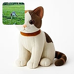A curious white and grey tabby cat prowling through a lush green grassy field, focused on something in the grass, with a serene forest background softly blurred.