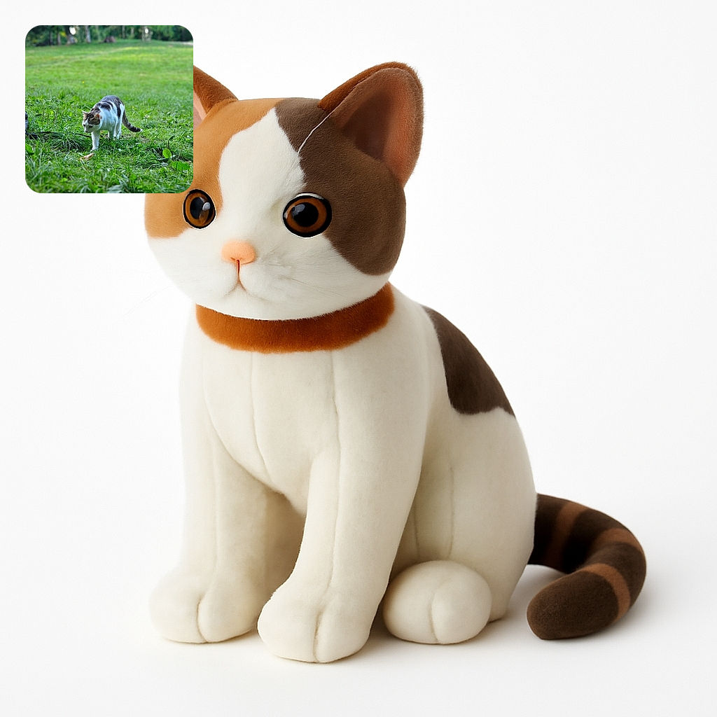 A curious white and grey tabby cat prowling through a lush green grassy field, focused on something in the grass, with a serene forest background softly blurred.