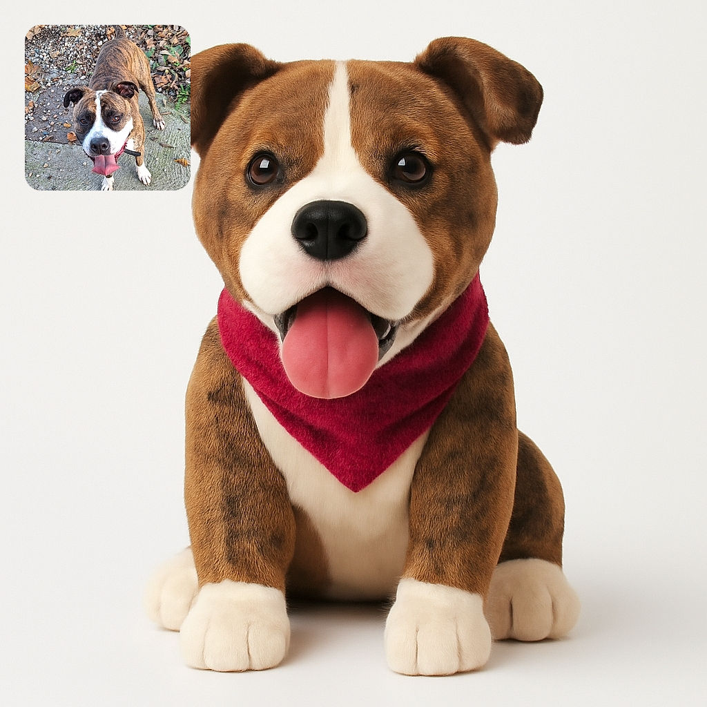 A happy brindle dog with a white face and paws looks up eagerly, tongue hanging out, standing on a textured concrete surface surrounded by dry leaves and small pebbles.