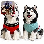 Two happy huskies dressed in festive sweaters pose obediently in front of a brightly decorated Christmas tree surrounded by wrapped presents, radiating cozy holiday vibes indoors.