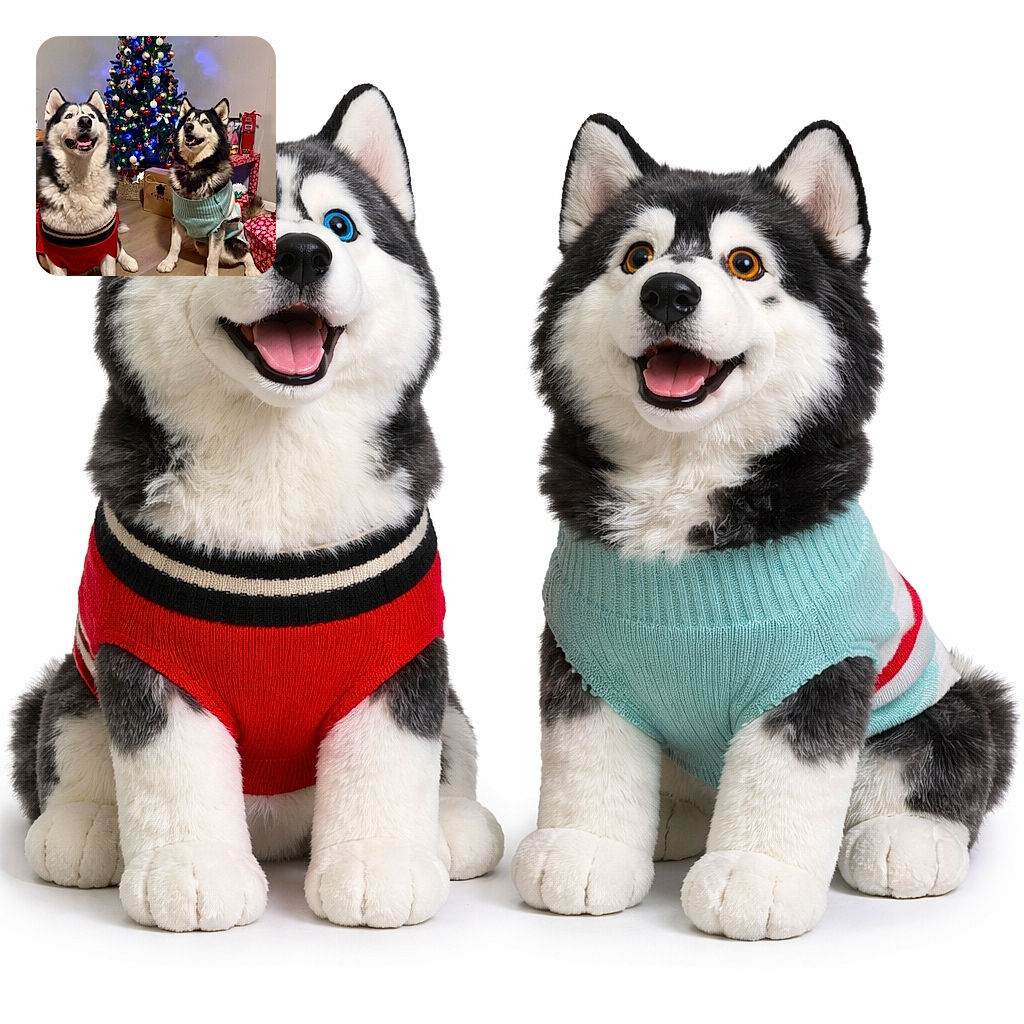 Two happy huskies dressed in festive sweaters pose obediently in front of a brightly decorated Christmas tree surrounded by wrapped presents, radiating cozy holiday vibes indoors.