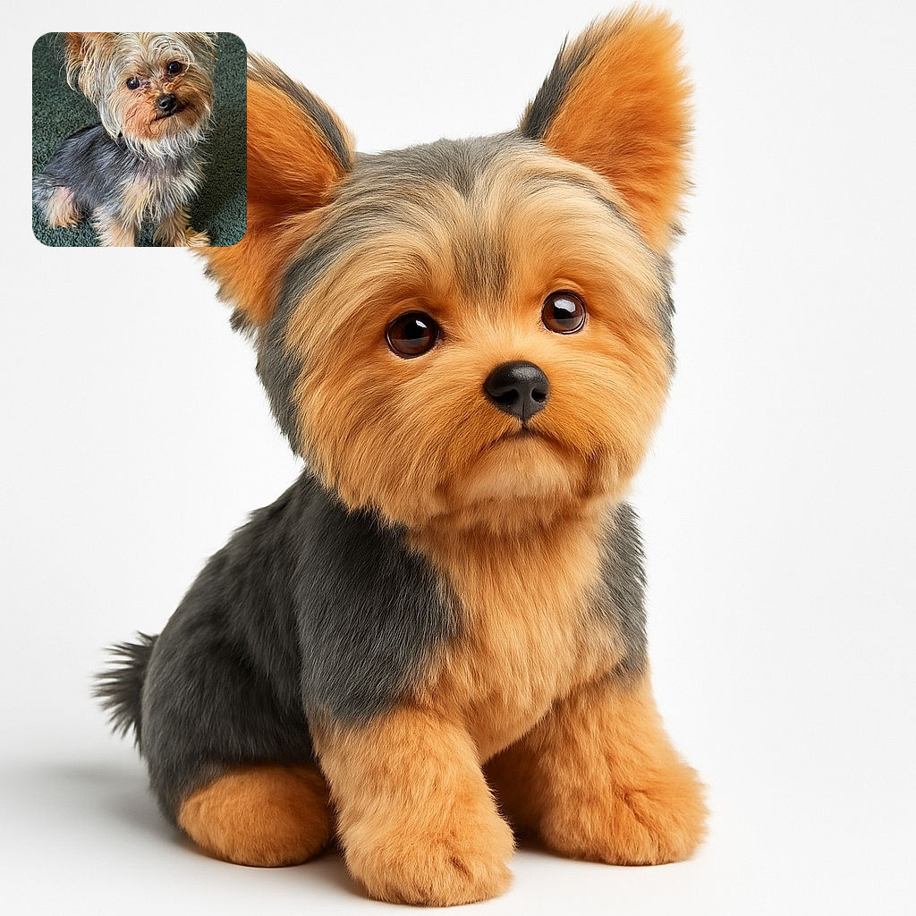 A fluffy, curious Yorkshire Terrier sits on a textured green carpet, tilting its head with big, shiny eyes and tousled fur, looking like it's ready to charm anyone who passes by.