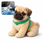A cute pug puppy wearing a green harness is lying comfortably on a soft, fluffy gray blanket in the passenger seat of a car, looking directly at the camera with big, soulful eyes.