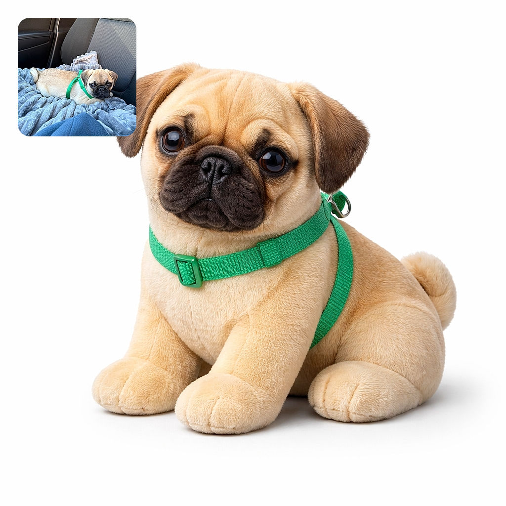 A cute pug puppy wearing a green harness is lying comfortably on a soft, fluffy gray blanket in the passenger seat of a car, looking directly at the camera with big, soulful eyes.