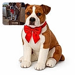 A charming dog wearing a bright red bow sits patiently on a wooden chair in a cozy, warmly lit room decorated with Christmas ornaments, including a Santa figure and festive garlands. The dog looks directly at the camera with a calm and slightly curious expression, while a foot wearing a black sandal appears in the foreground, adding a casual, candid feel to the scene.