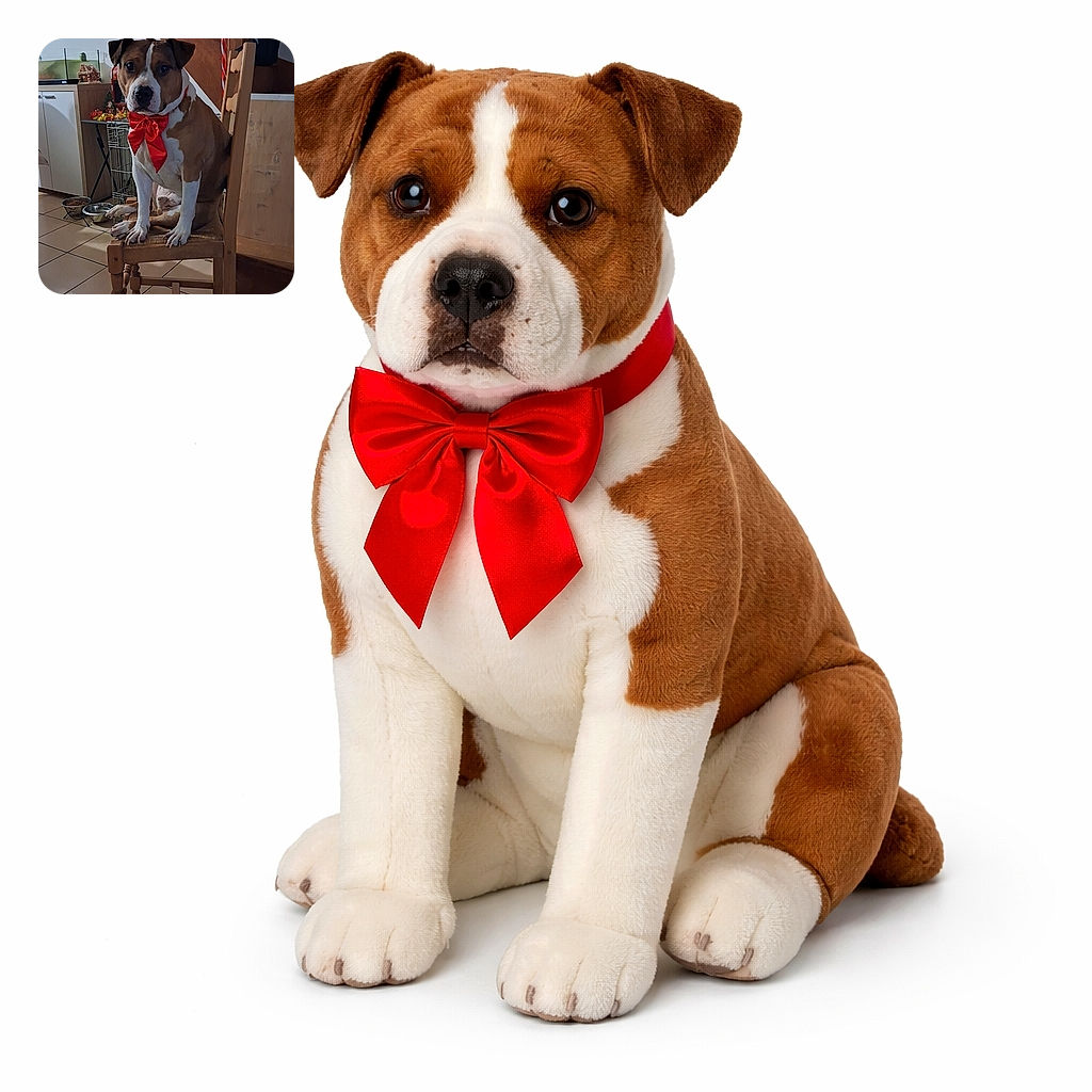 A charming dog wearing a bright red bow sits patiently on a wooden chair in a cozy, warmly lit room decorated with Christmas ornaments, including a Santa figure and festive garlands. The dog looks directly at the camera with a calm and slightly curious expression, while a foot wearing a black sandal appears in the foreground, adding a casual, candid feel to the scene.