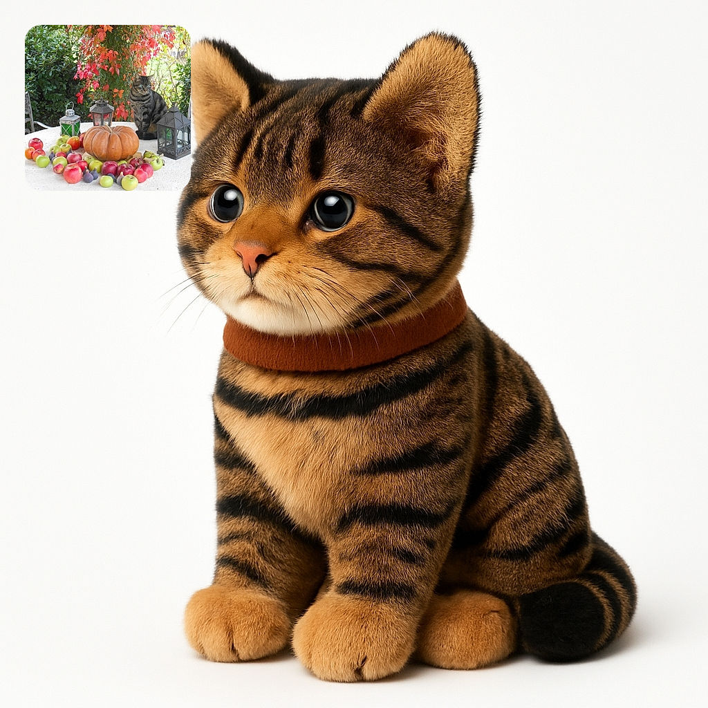 A curious tabby cat sits elegantly on a white round table surrounded by a colorful autumnal display of apples, figs, and a large pumpkin, framed by vibrant red and green foliage in the background and rustic lanterns adding cozy charm.
