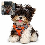 An adorable fluffy puppy wearing a bright orange harness sits on a wooden surface with its tongue playfully sticking out, framed by a soft sunset backdrop and distant hills, capturing pure cuteness and adventure vibes.