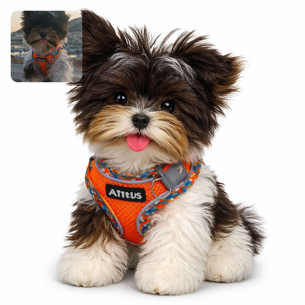An adorable fluffy puppy wearing a bright orange harness sits on a wooden surface with its tongue playfully sticking out, framed by a soft sunset backdrop and distant hills, capturing pure cuteness and adventure vibes.