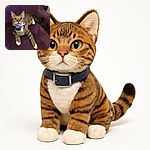 A curious tabby cat with bright eyes and white paws lounges comfortably on a plush purple chair, wearing a tech-savvy collar that looks ready for some high-tech adventures.