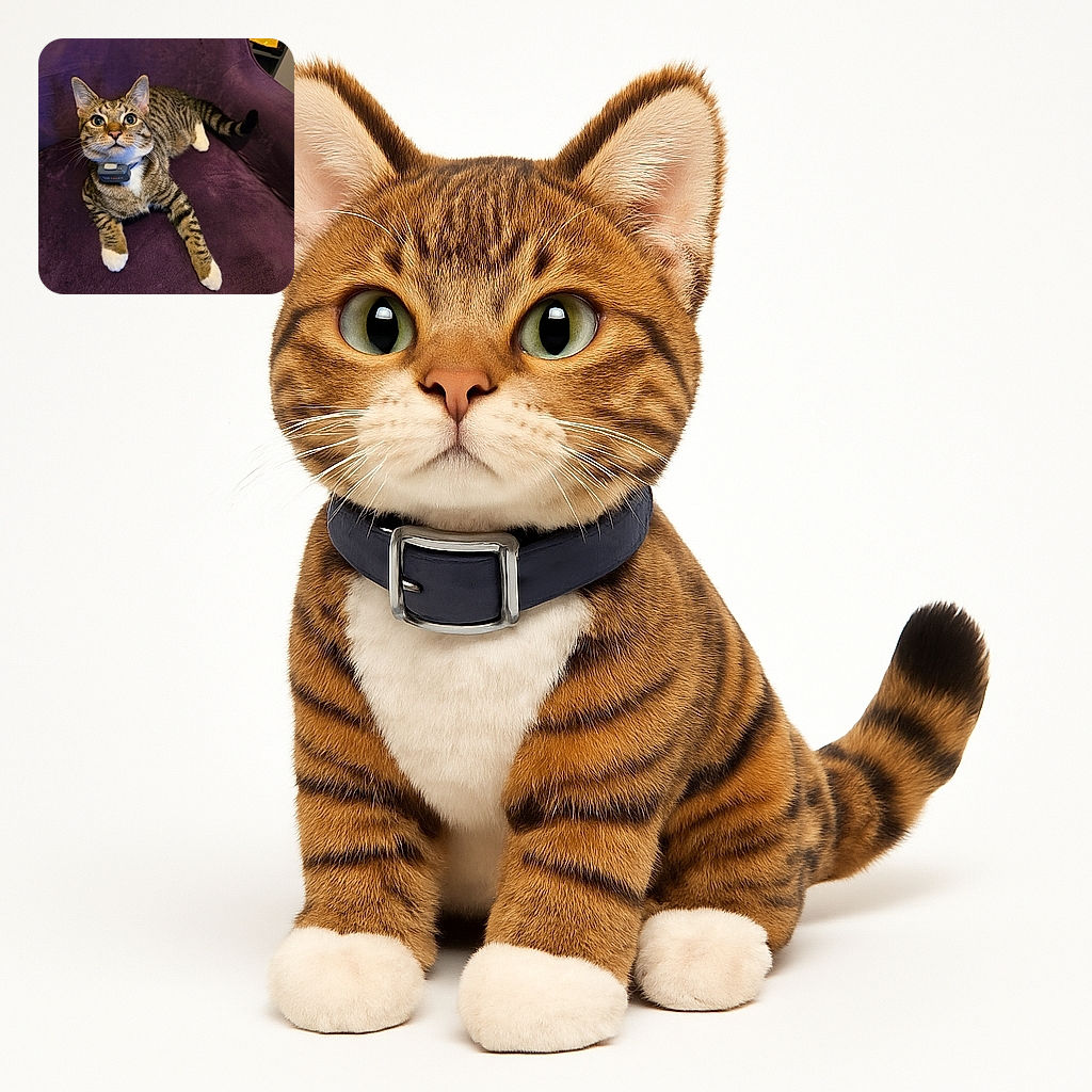 A curious tabby cat with bright eyes and white paws lounges comfortably on a plush purple chair, wearing a tech-savvy collar that looks ready for some high-tech adventures.
