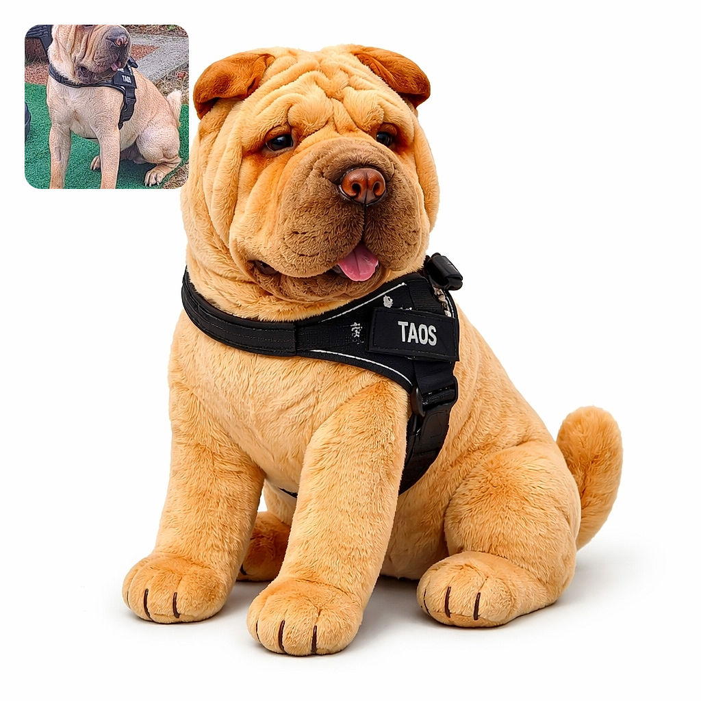 A wrinkly dog wearing a harness labeled 'TAGS' sits attentively on a patch of green turf, one paw resting on a colorful soccer ball. The background is a mix of foliage and outdoor furniture, giving a casual backyard vibe.