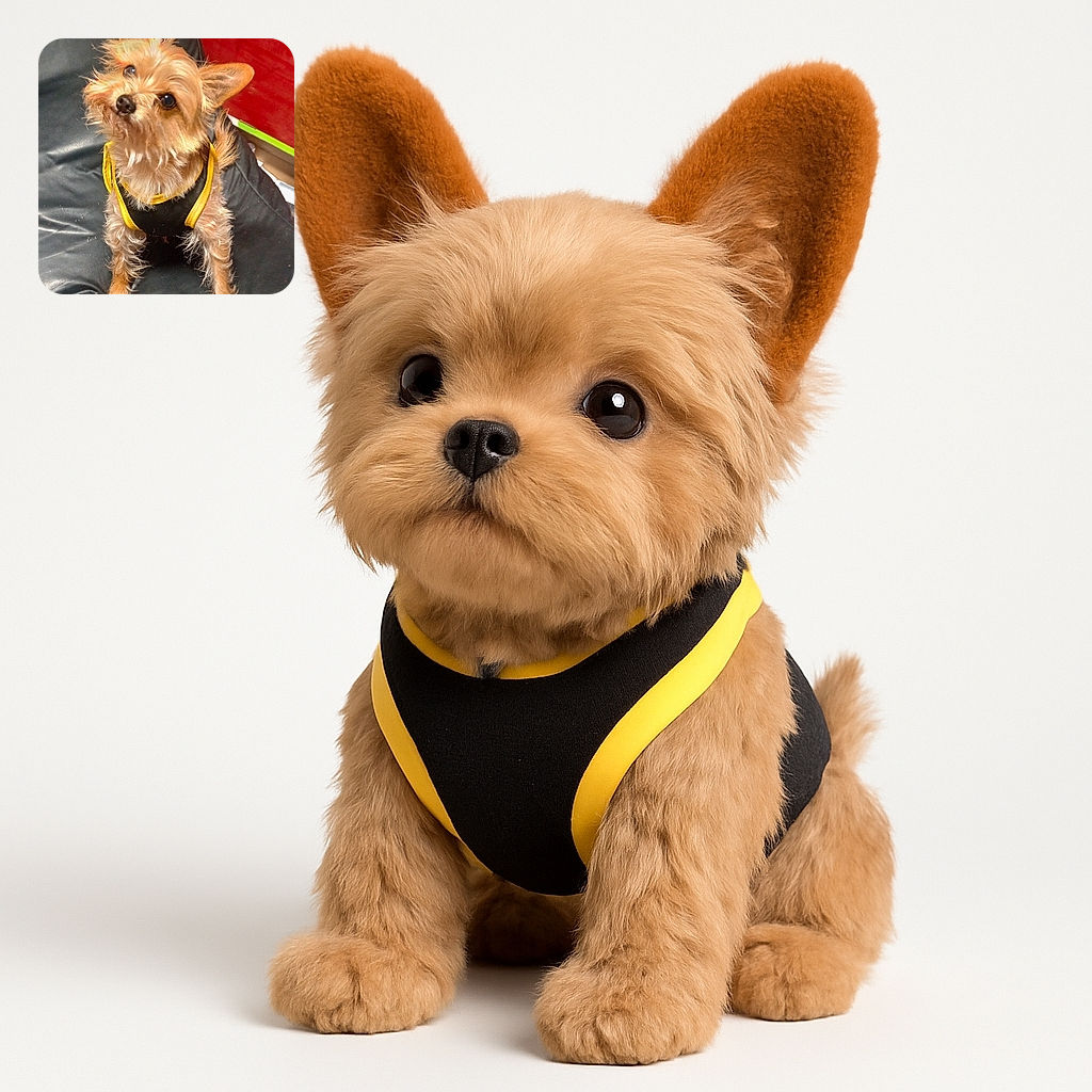 A scruffy little dog with a curious head tilt sits on a black leather chair, wearing a cozy black and yellow vest, with a vibrant red wall in the background adding a pop of color.