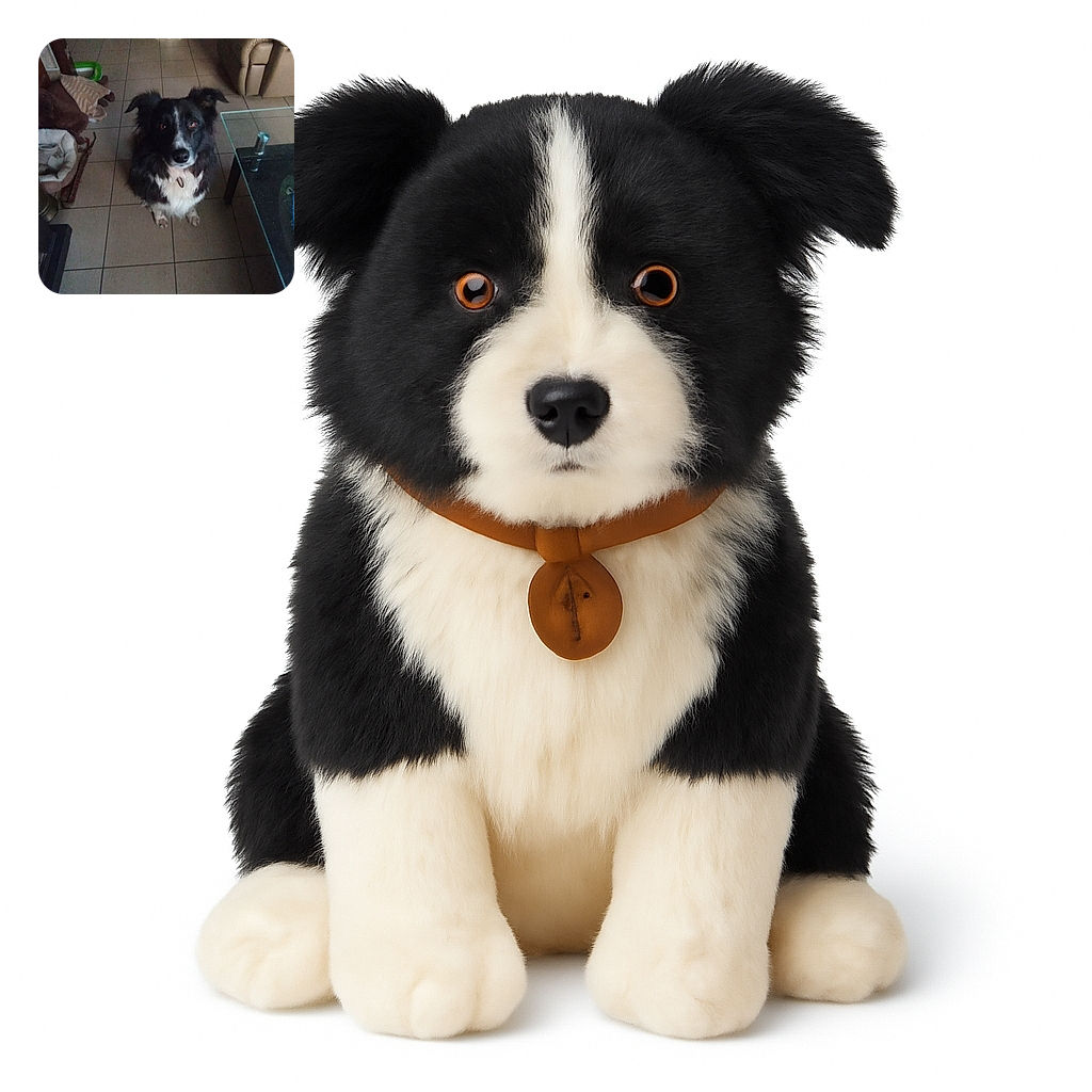 A fluffy black and white dog sits patiently on a tiled floor in a cozy, lived-in room filled with furniture and pet accessories, looking up with bright, curious eyes.