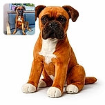 A dignified boxer dog sits upright on a blue cushioned outdoor sofa, basking in the warm sunlight with a backdrop of potted plants on a windowsill. The dog's expressive eyes and alert ears give it a serious yet endearing look, while the cozy setting suggests a peaceful afternoon.