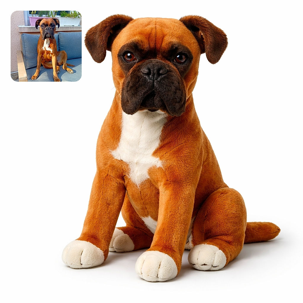 A dignified boxer dog sits upright on a blue cushioned outdoor sofa, basking in the warm sunlight with a backdrop of potted plants on a windowsill. The dog's expressive eyes and alert ears give it a serious yet endearing look, while the cozy setting suggests a peaceful afternoon.