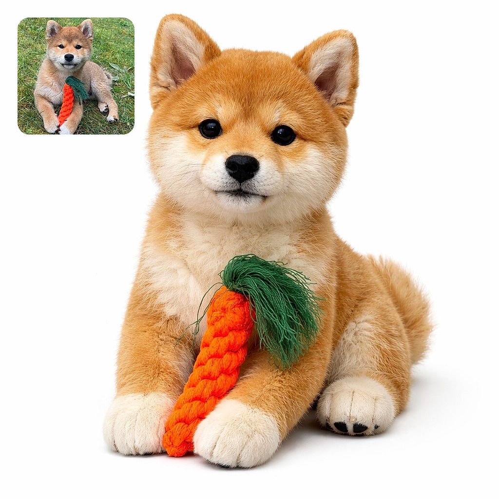 A fluffy Shiba Inu puppy lounges on the grass clutching a bright braided carrot toy like it's the most important negotiation of its life — solemn, adorable, and slightly proud of its chew victory.