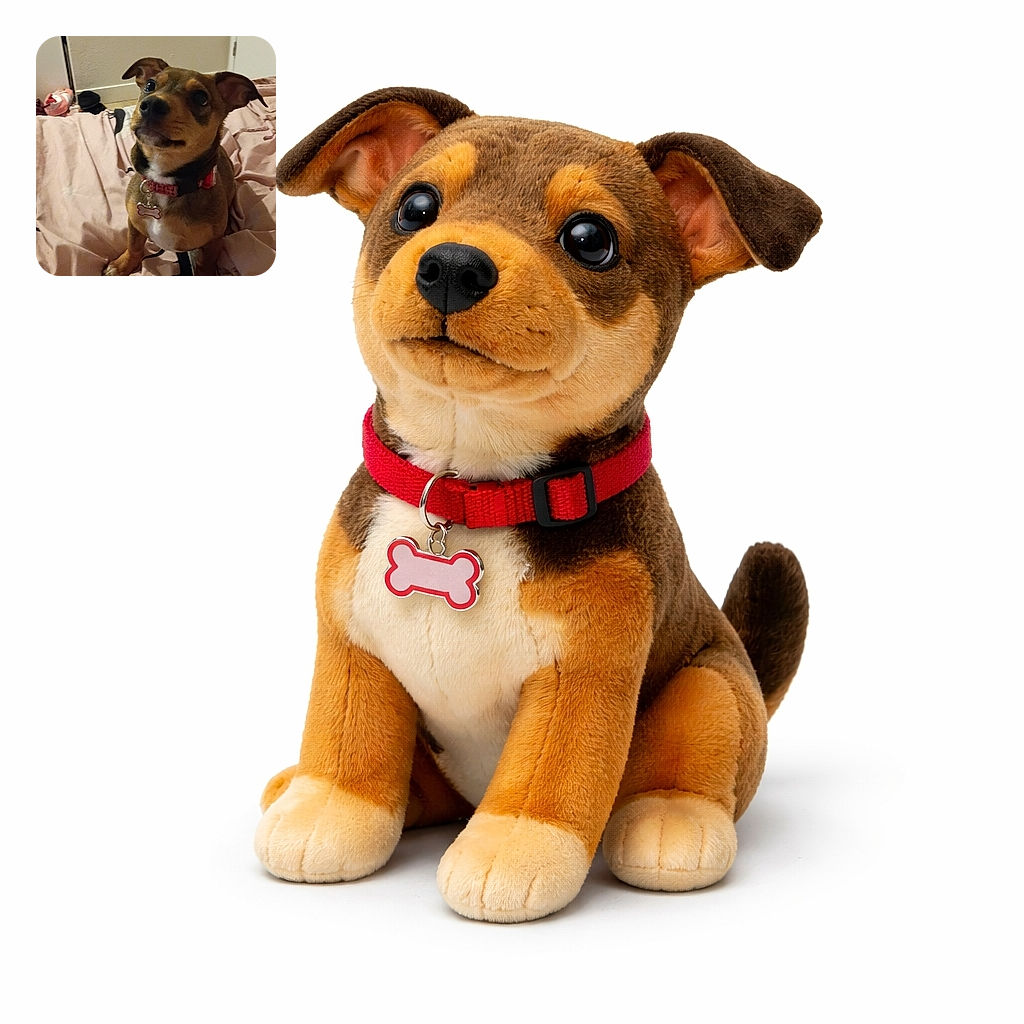 A small brown dog stares up with wide, pleading eyes and perky ears, wearing a red collar with a bone-shaped tag, sitting on rumpled pink bedding with shoes and a door in the background — looks ready to audition for treats.