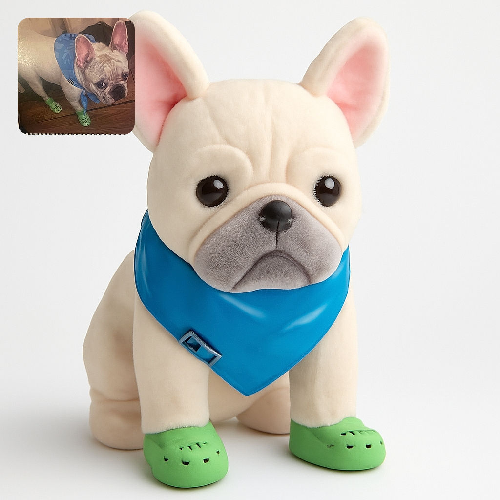 A French bulldog wearing a blue bandana and green doggy shoes stands on a wooden floor, giving a side-eye glance that screams both curiosity and mild judgment.