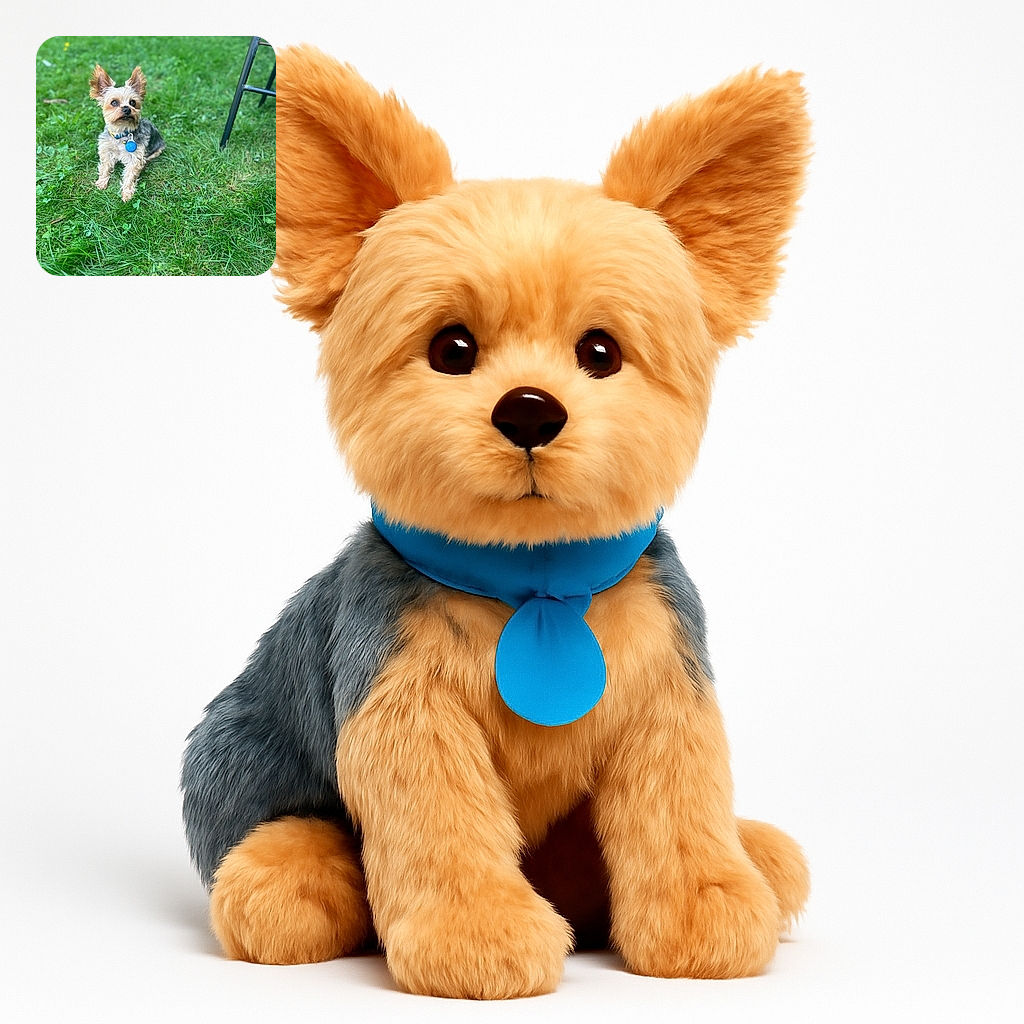 A small, fluffy dog with large ears and a blue tag sits attentively on a lush green lawn, with a metal chair leg visible to the right and a brick wall softly blurred in the background.