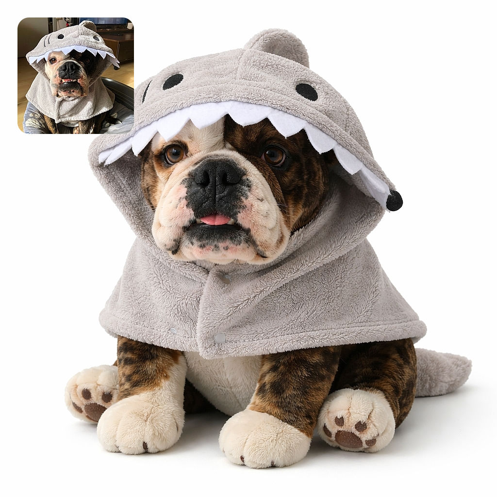 A grumpy-but-adorable bulldog wearing a shark-shaped towel hood, baring a tiny underbite like a fierce miniature sea predator posing on its cozy bed while the living room TV watches in the background.