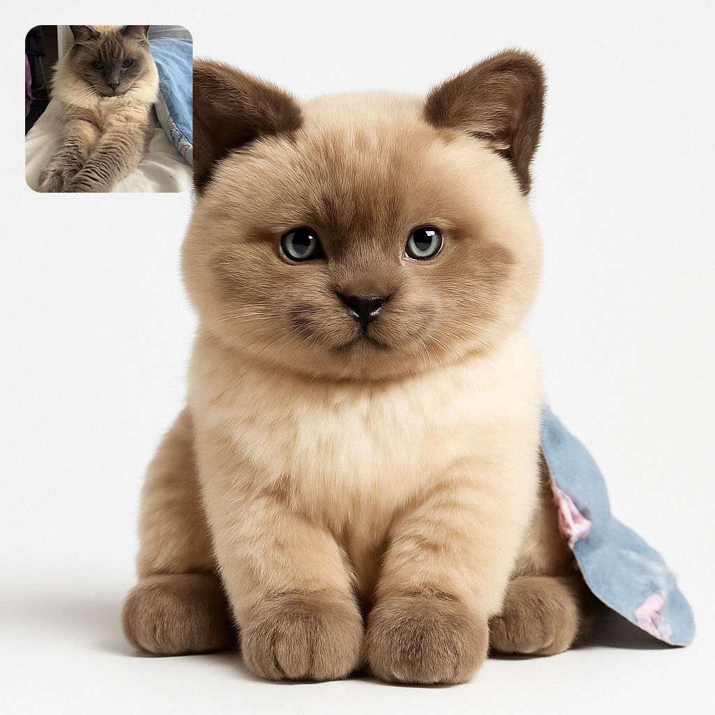 A fluffy cat with a serious expression is stretching its paws out towards the camera, lying comfortably on a bed with a cozy blue blanket featuring a cartoon character. The background shows a softly blurred room with furniture and clothes, giving a warm domestic vibe.