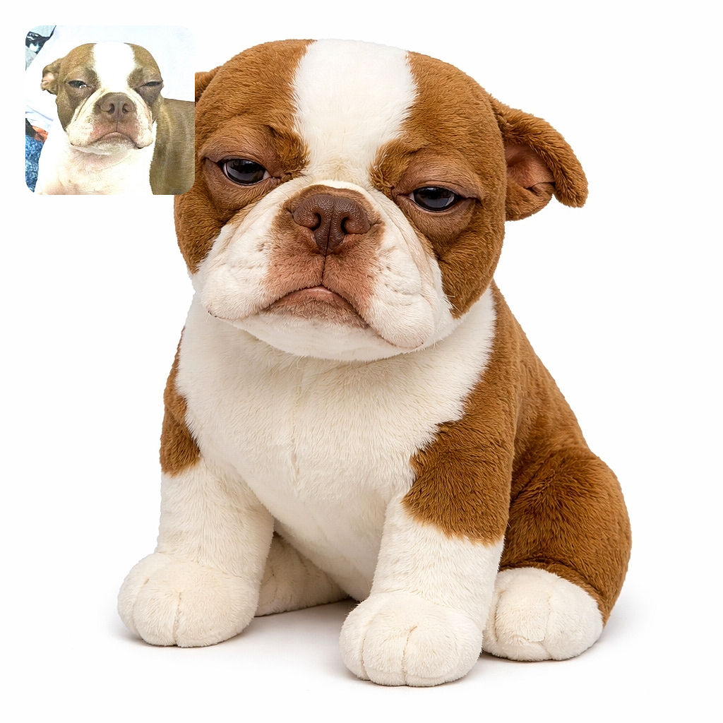 A close-up photo of a brown and white dog with a sleepy or unimpressed expression, lounging on a blue blanket with a white background. The image has a grainy texture and moderate lighting.