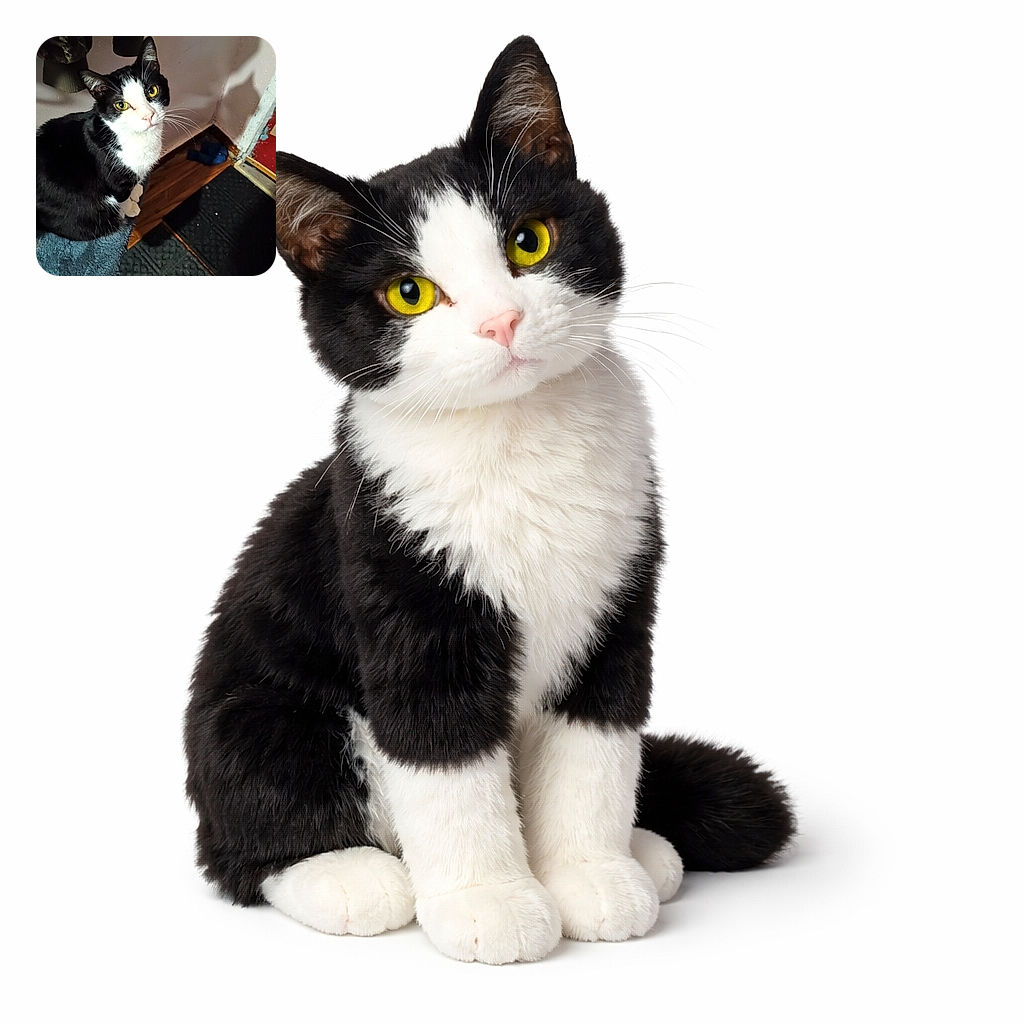 A curious black and white cat with striking yellow eyes looks up from a cozy perch, its whiskers twitching as if plotting a secret mission. The background shows a homey corner with a textured rug and some hanging clothes, adding a touch of everyday charm.