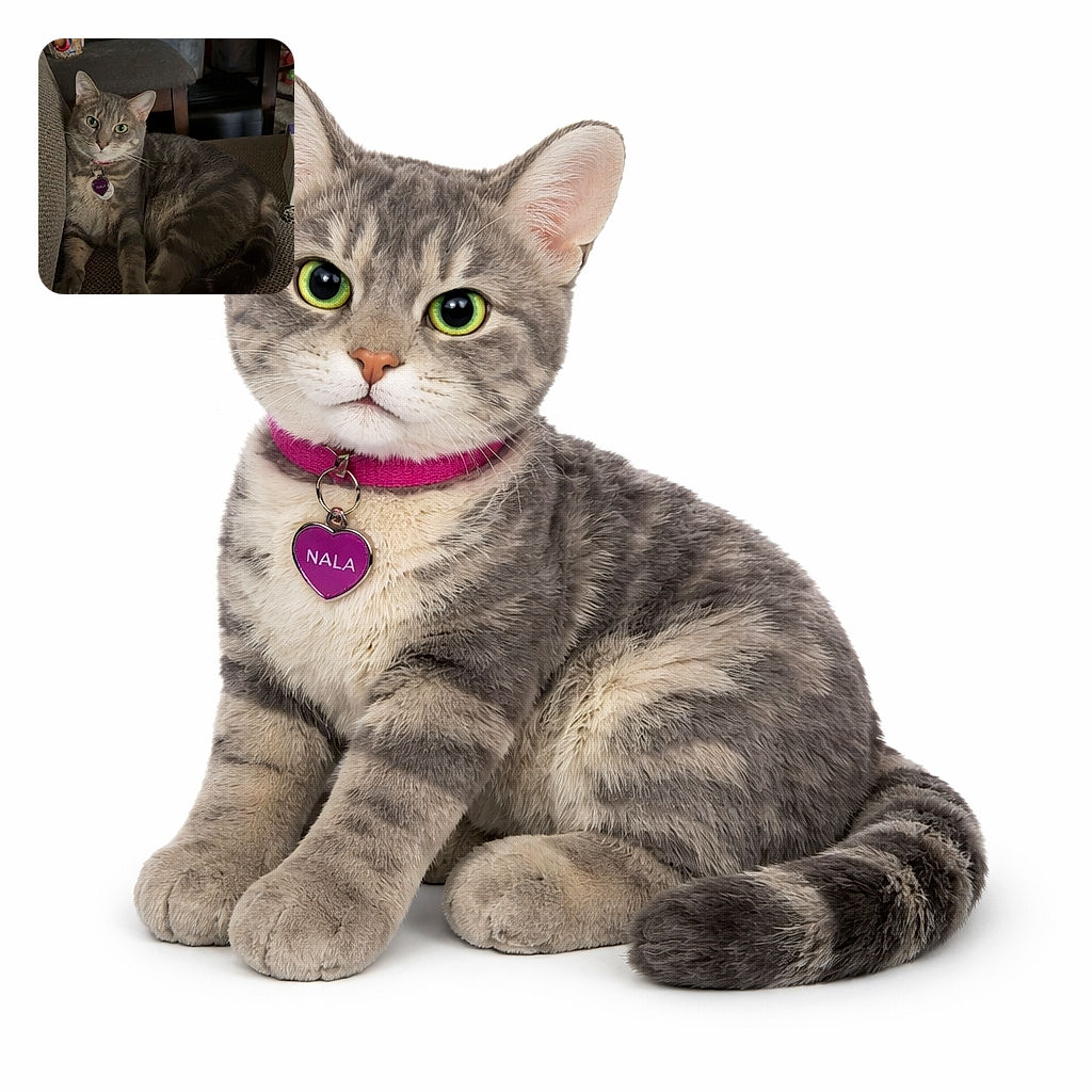 A relaxed gray tabby cat lounges comfortably on a textured brown couch, looking curiously at the camera with bright green eyes. The background shows a cluttered room with storage containers and a chair, adding a cozy, lived-in vibe.