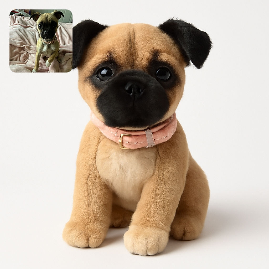 A small dog with big, soulful eyes and a pink collar strikes an adorable pose on a soft, fluffy pink blanket, looking like it's ready for a cuddle session or a tiny adventure.