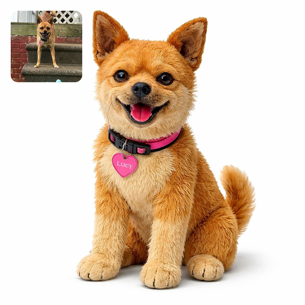 A goofy happy little dog strikes a superhero landing on the front steps, tongue out and tail curled like a question mark, while a bedraggled blue plush toy lies defeated below. The lattice and brick make a quaint porch backdrop and the shallow depth of field keeps all attention on this proud staircase conqueror.