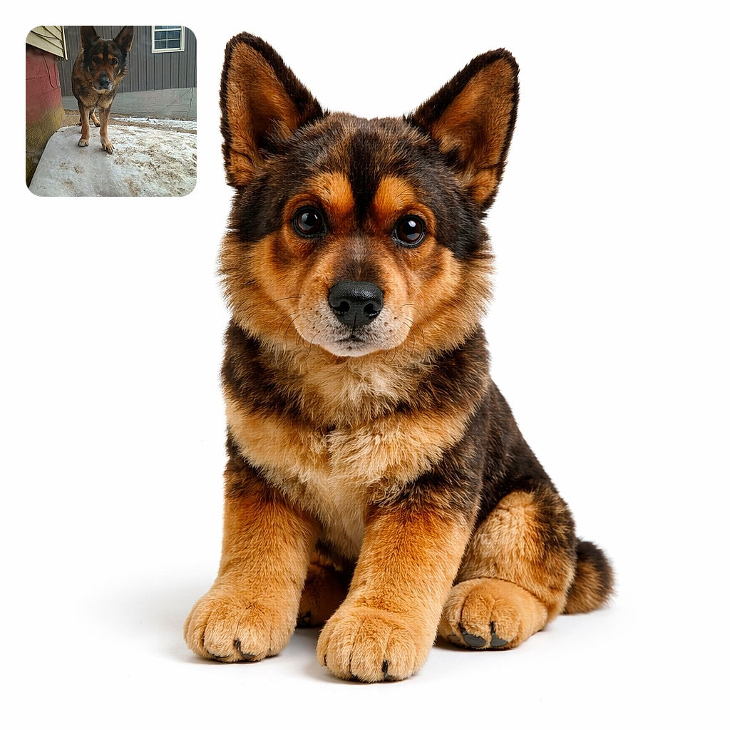 A curious German Shepherd stands on a patch of snow outside a house, peering intently at the camera with ears perked up, surrounded by a rustic backdrop of a red and beige house wall and a gray siding with a window.