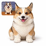 A cheerful corgi stares up like it just heard the magic word 'treat' — ears perky, tongue out, and a grin wide enough to brighten the whole room. The pup sits primly on the hardwood with a rug backdrop and phone UI peeking at the edges, stealing hearts and snack time.