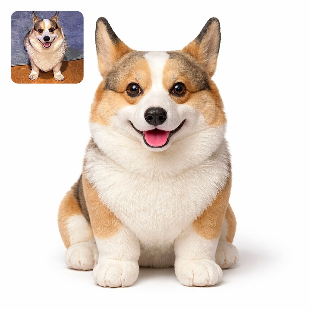 A cheerful corgi stares up like it just heard the magic word 'treat' — ears perky, tongue out, and a grin wide enough to brighten the whole room. The pup sits primly on the hardwood with a rug backdrop and phone UI peeking at the edges, stealing hearts and snack time.