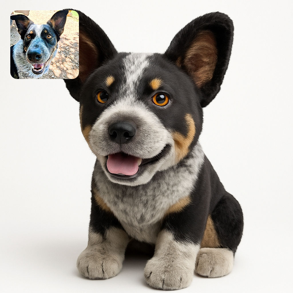 A happy dog with big ears and bright eyes smiles widely at the camera, standing outside on a sunny, gravelly ground with a chain-link fence and some garden items blurred in the background.