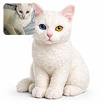 A striking white cat with heterochromia lounges comfortably on a soft, rumpled gray blanket, its curious eyes—one blue, one amber—staring intensely as if plotting world domination or just waiting for a snack.