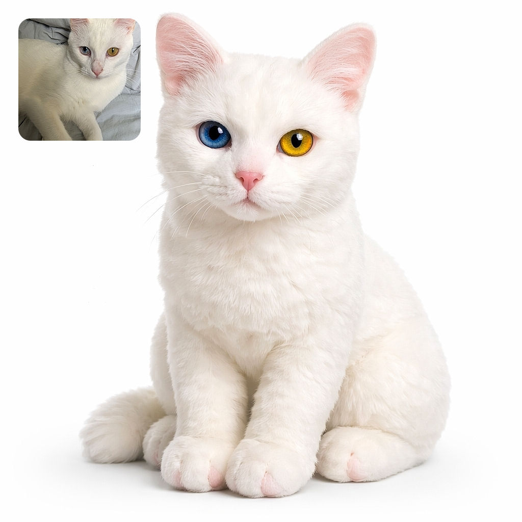 A striking white cat with heterochromia lounges comfortably on a soft, rumpled gray blanket, its curious eyes—one blue, one amber—staring intensely as if plotting world domination or just waiting for a snack.