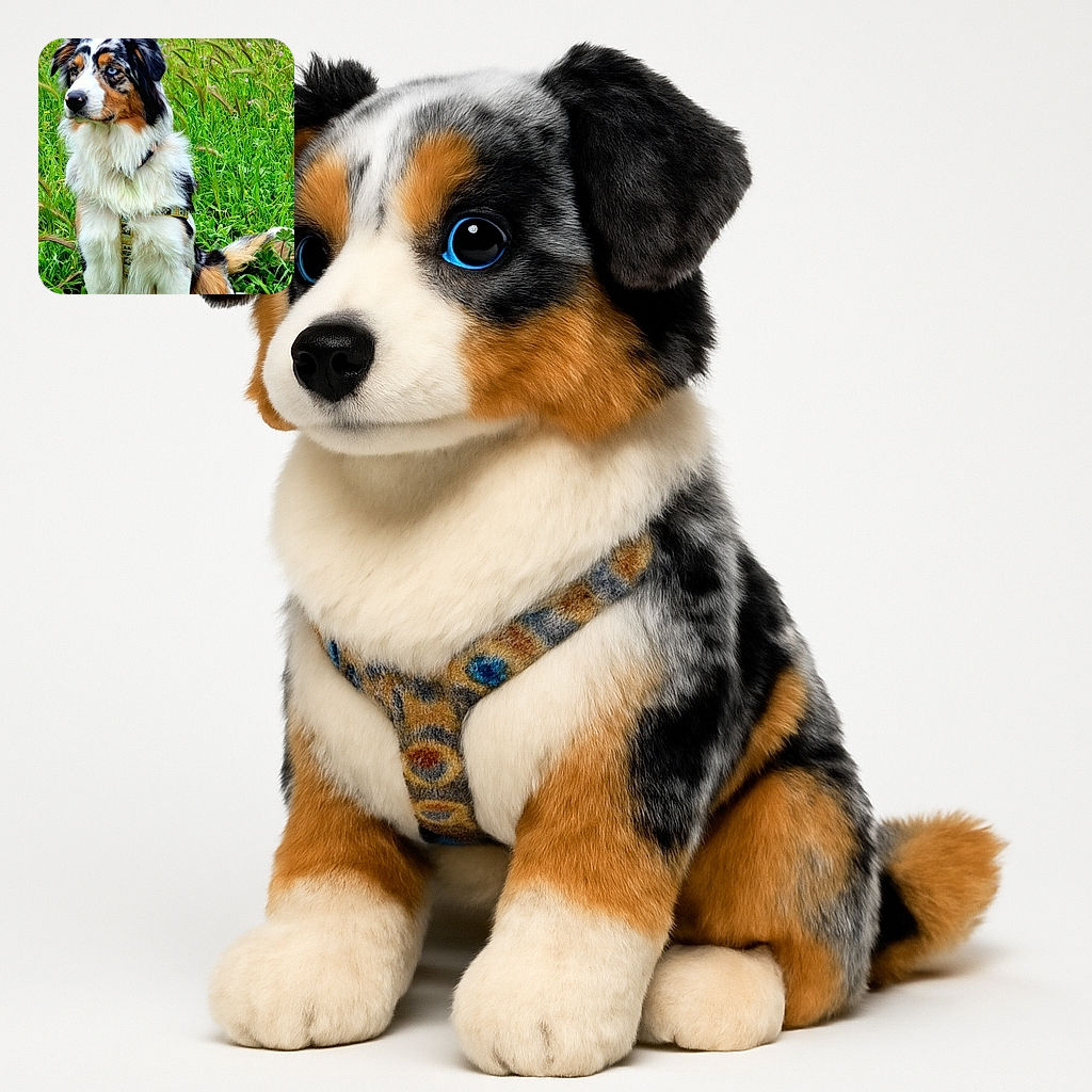 A beautiful Australian Shepherd dog with striking blue eyes and a fluffy multi-colored coat sits attentively in a lush green field dotted with small purple flowers, looking off into the distance as if pondering the mysteries of the universe.
