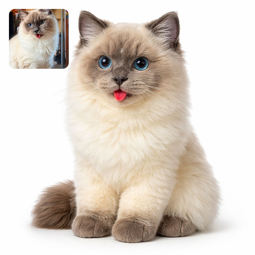 A fluffy Ragdoll cat sticks its pink tongue out like it's mid-sass — enormous blue eyes, cloud-like fur, and whiskers auditioning for their own spotlight in a cozy indoor scene.