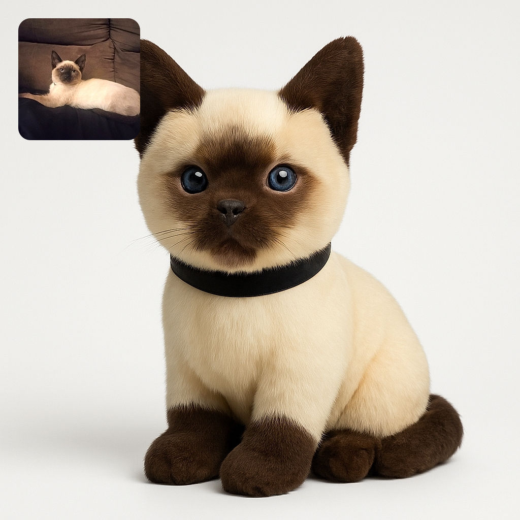 A Siamese cat lounges comfortably on a brown couch, its cream-colored body contrasting with the darker background. The cat looks relaxed and slightly curious, with its ears perked up and eyes gazing forward.