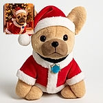 A charming French Bulldog dressed in a festive Santa outfit sits patiently in front of a beautifully decorated Christmas tree, surrounded by warm holiday lights and wrapped presents, creating a cozy and adorable holiday scene.